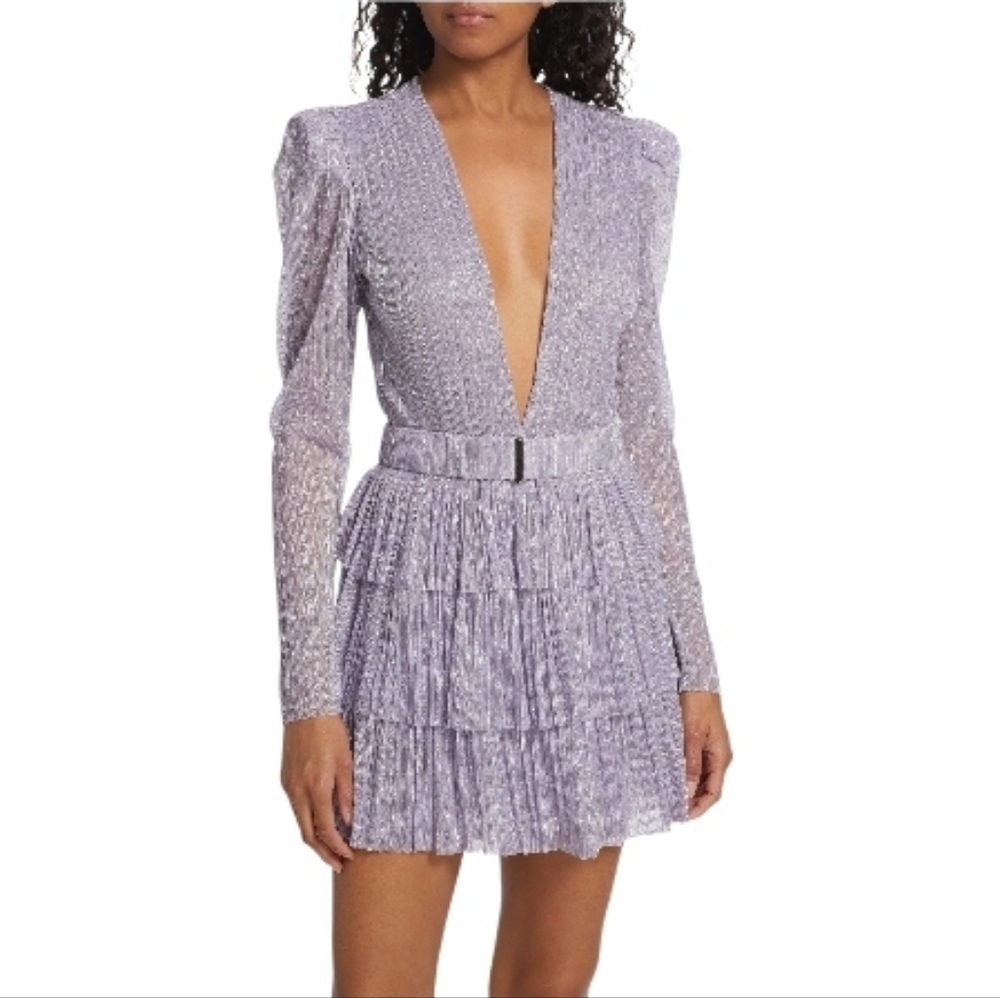 Sabina Musayev Carry Ruffled Mini Dress Metallic Foil V Neck Size XL Purple